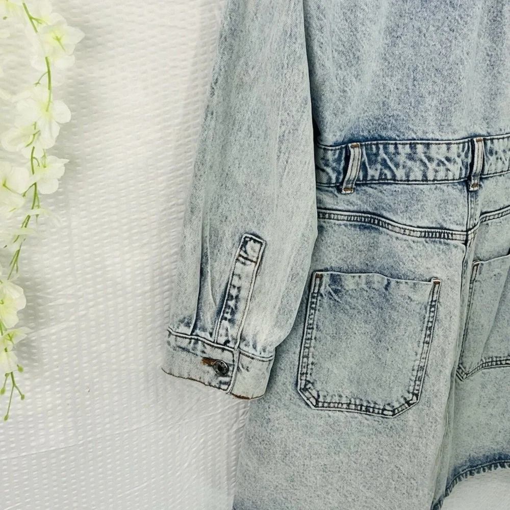 Zara Jeans Denim Long Sleeve Bruiser Stretch Frayed Mini Shirt Dress Sz M - Picture 7 of 11